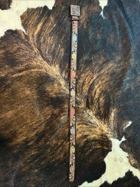 Vintage Nocona Leather Floral Belt With Studs & Rhinestones, Multicolor Flowers